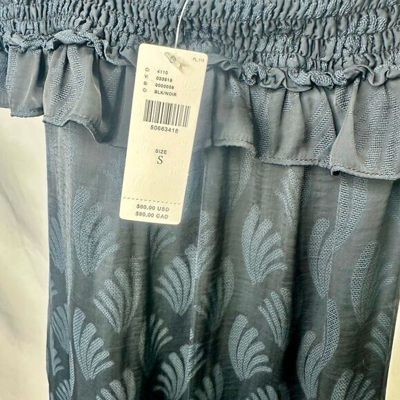 Anthropologie Black Leaf Print Finn Open Shoulder Ruffle Smocked Blouse S NWT - Picture 9 of 12